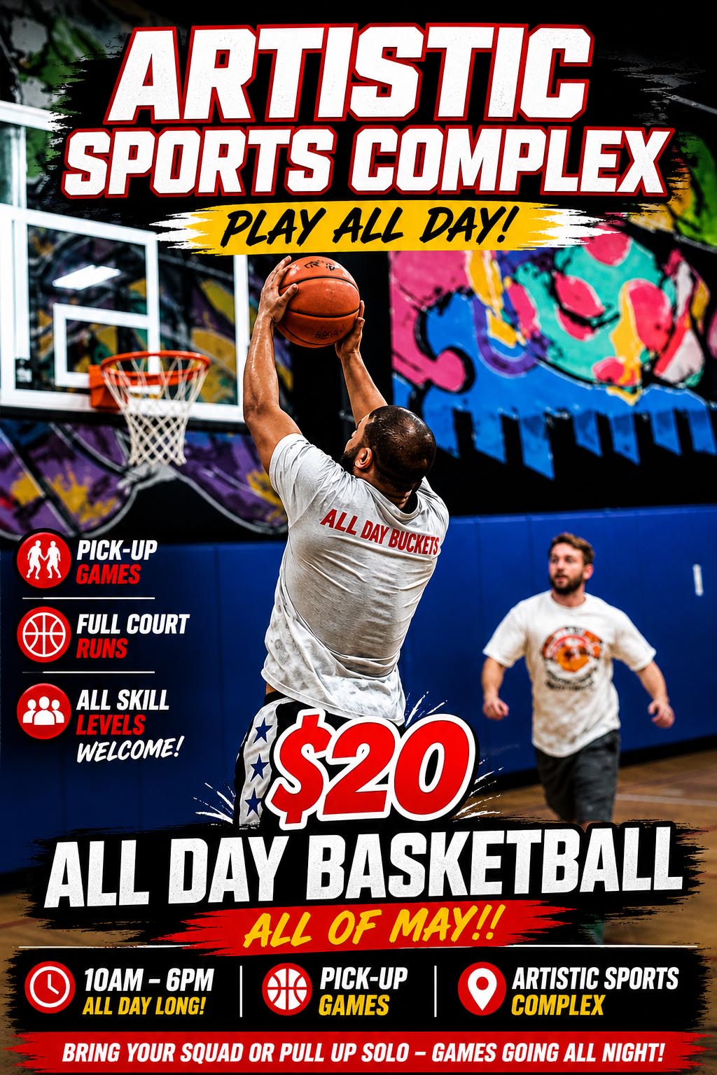 A banner showing kids playing basketball at the Summer Camp at Artistic Sports Complex in Queens, NY. With words on it saying - '2026 Basketball Summer Clinics.'