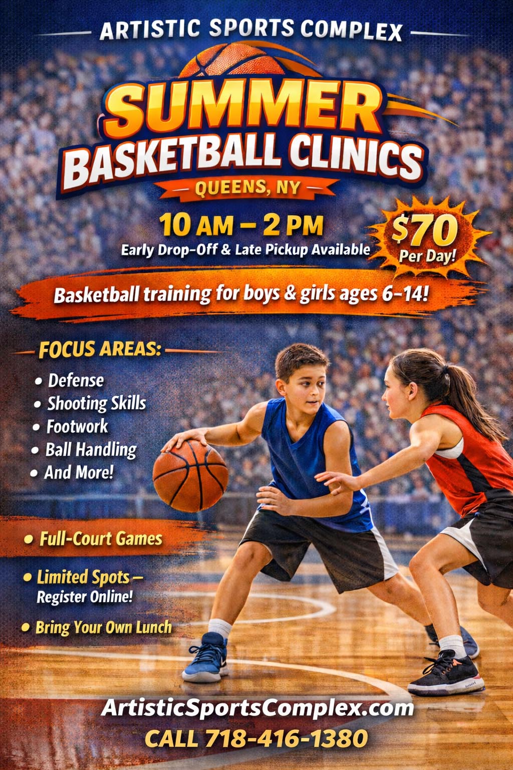 A banner showing kids playing basketball at the Summer Camp at Artistic Sports Complex in Queens, NY. With words on it saying - '2026 Basketball Summer Clinics.'