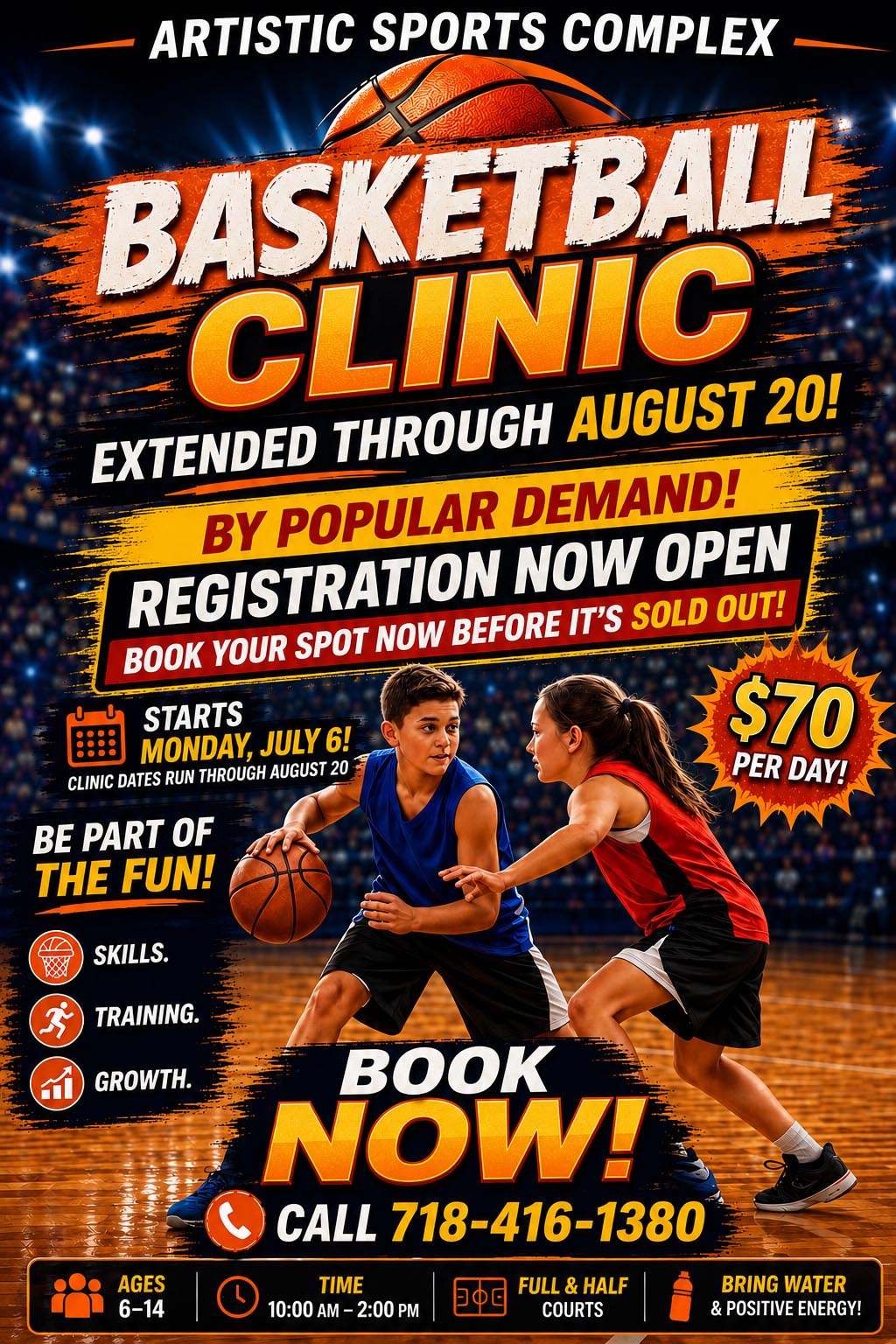 A banner showing kids playing basketball at the Summer Camp at Artistic Sports Complex in Queens, NY. With words on it saying - '2026 Basketball Summer Clinics.'