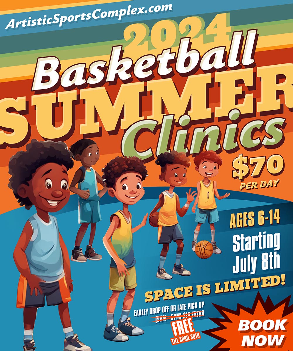 A banner showing kids playing basketball at the Summer Camp at Artistic Sports Complex in Queens, NY. With words on it saying - '2024 Basketball Summer Clinics.'