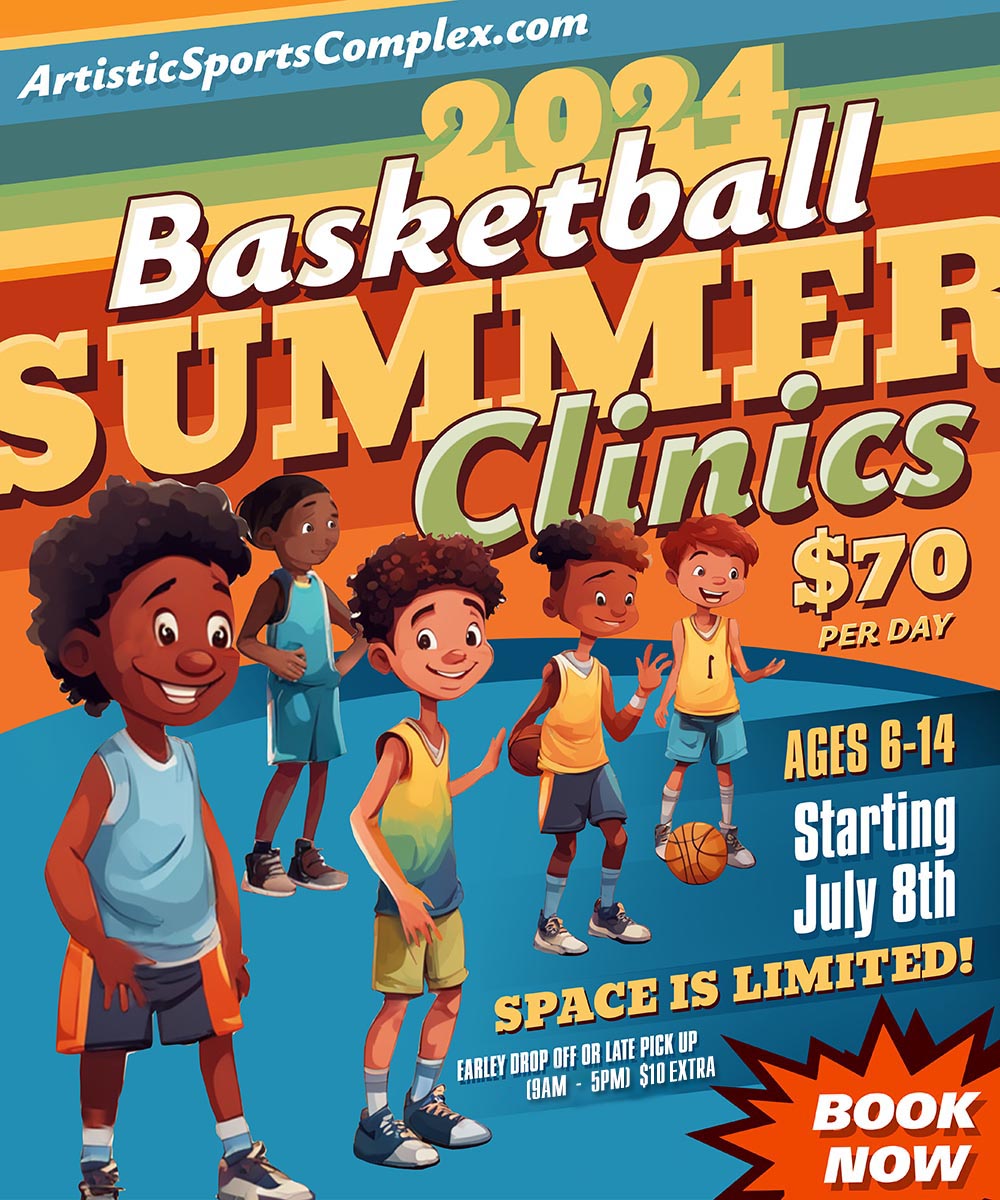 A banner showing kids playing basketball at the Summer Camp at Artistic Sports Complex in Queens, NY. With words on it saying - '2024 Basketball Summer Clinics.'